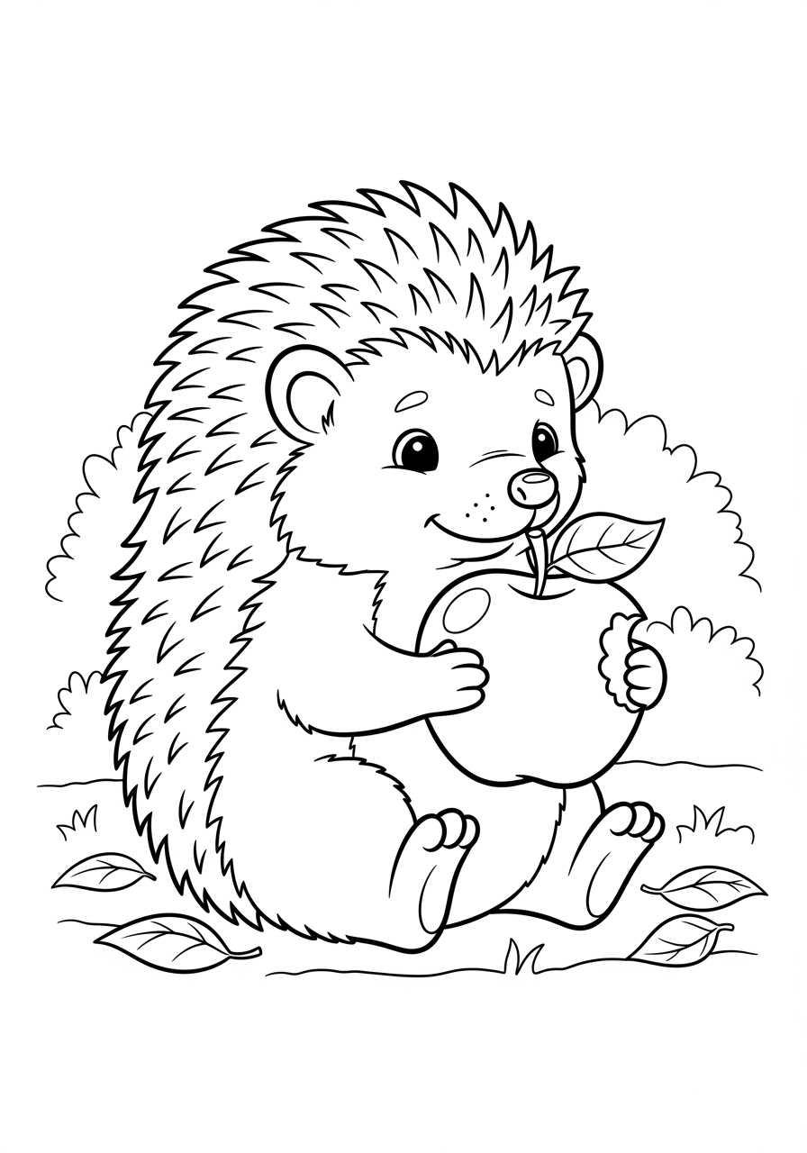 Desenho de Ouriço Fofo com uma Maçã para colorir
