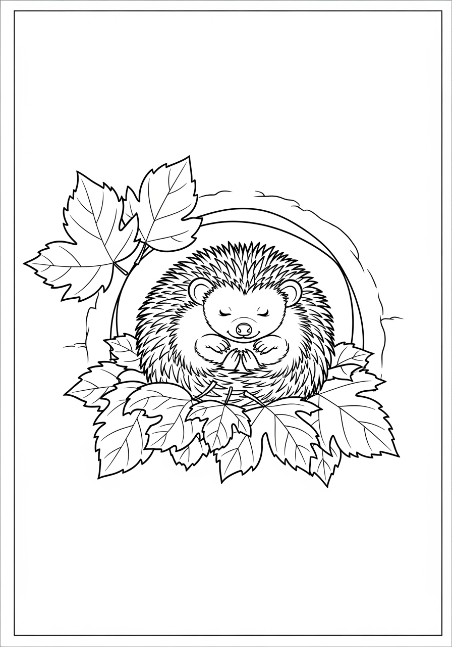Desenho de Ouriço Dormindo entre Folhas para colorir