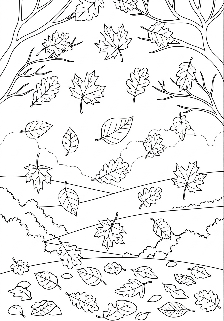 Desenho de Outono com folhas e árvores para colorir