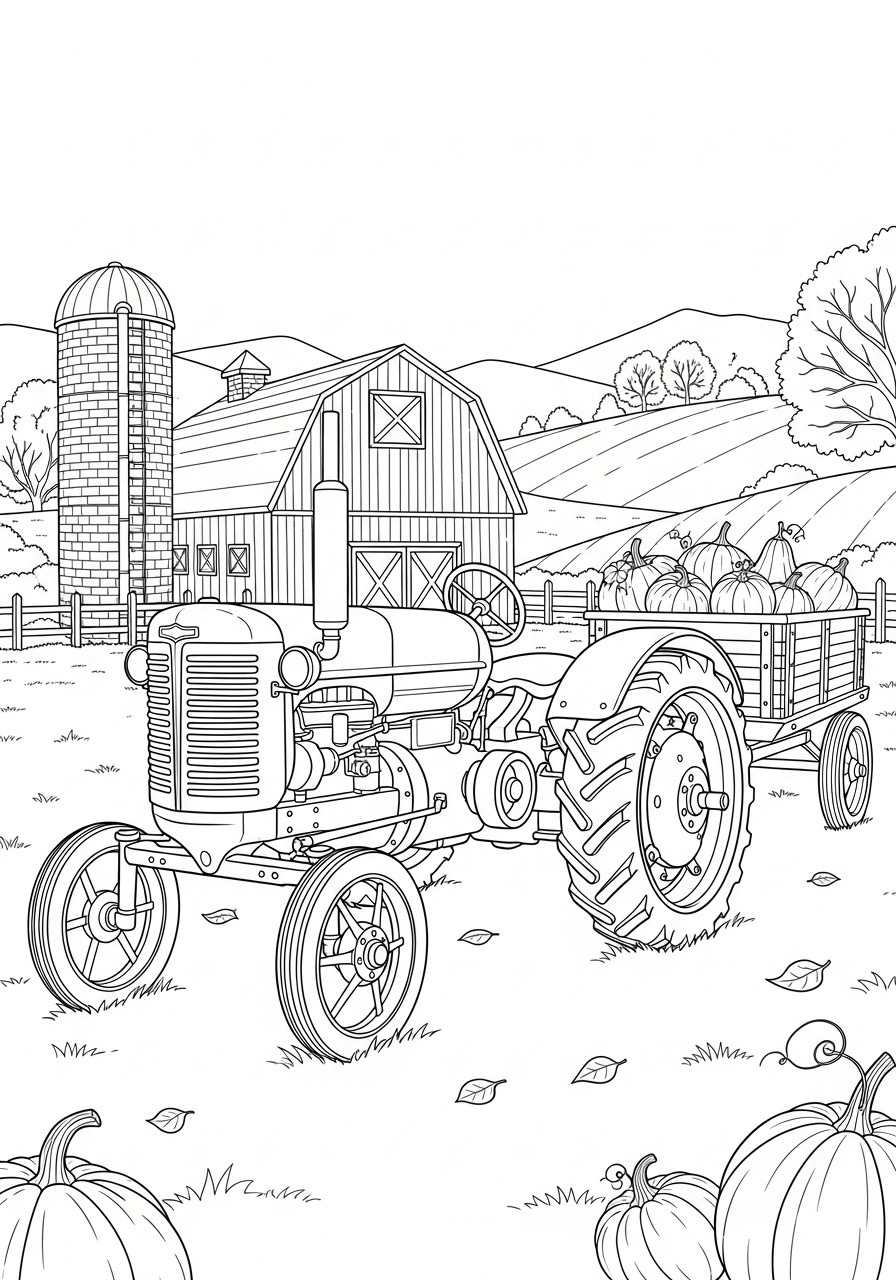 Desenho de Outono com trator e abóbora na fazenda para colorir