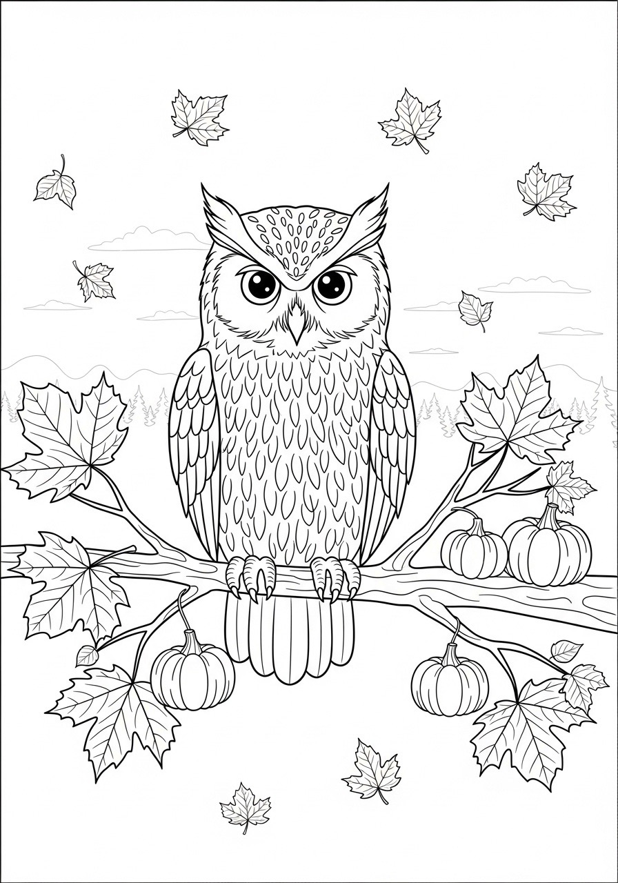 Desenho de coruja empoleirada em ramo com abóboras para colorir