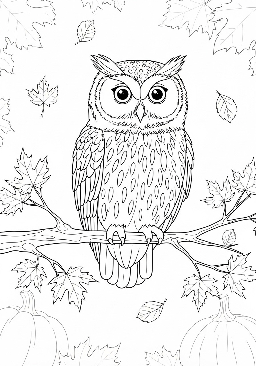 Desenho de coruja empoleirada em galho com folhas de outono