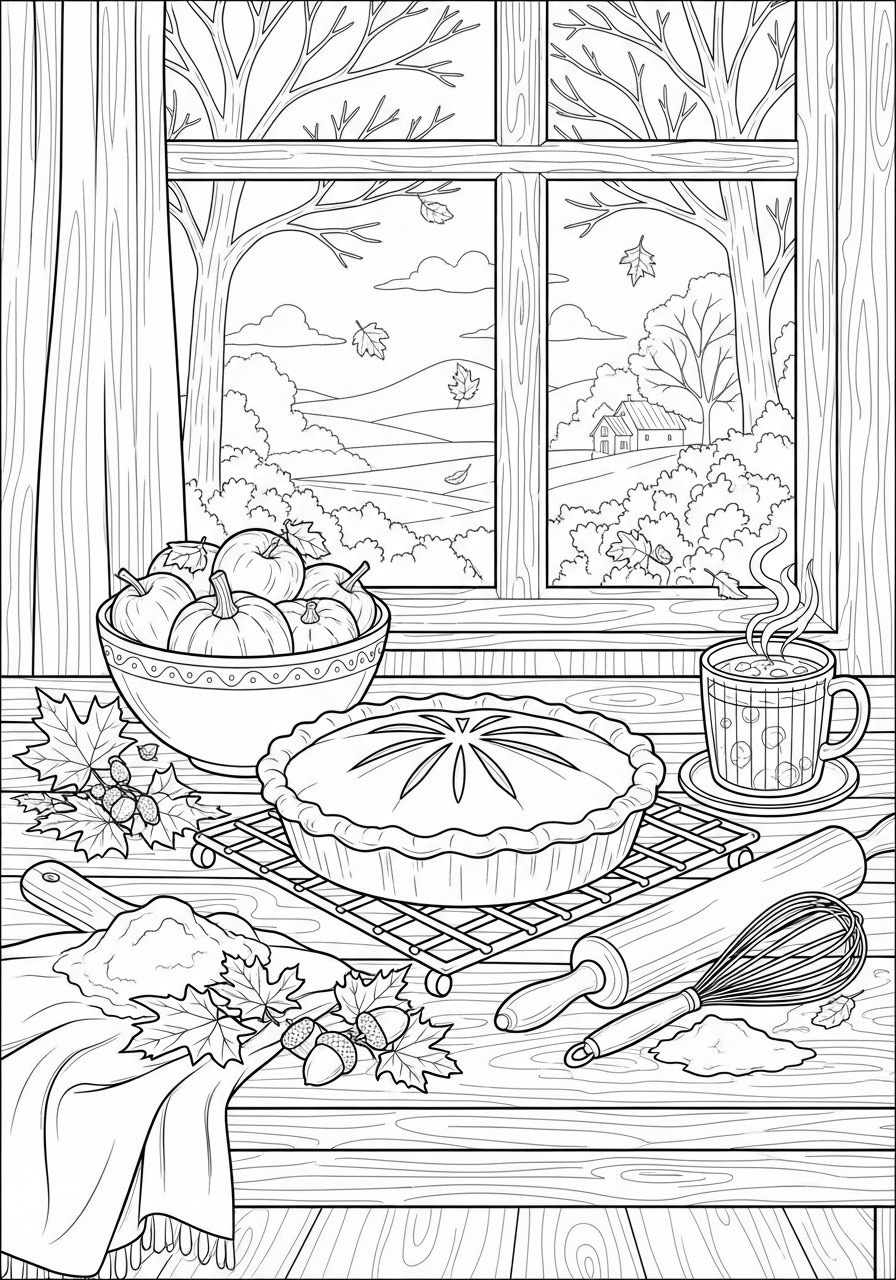 Desenho de Outono com torta e abóboras na mesa para colorir