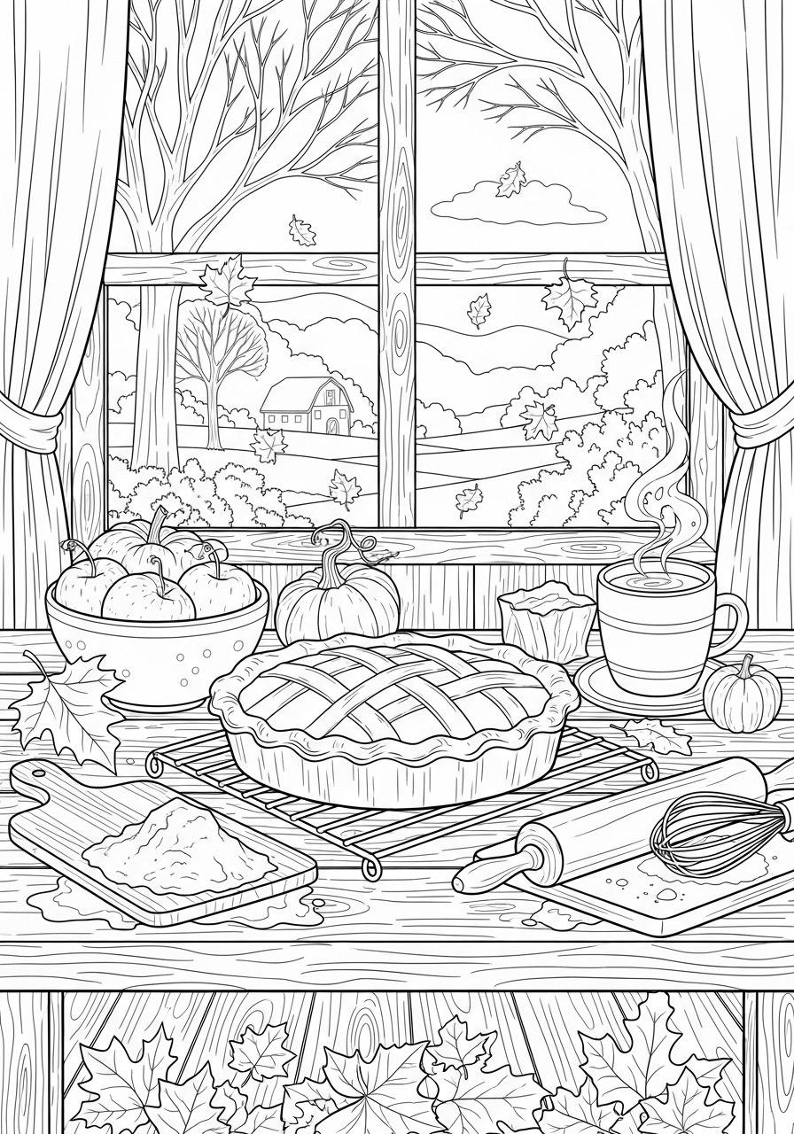 Desenho de Outono com uma mesa e elementos de outono para colorir