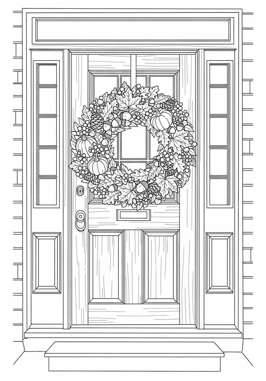 Desenho de Outono com porta decorada e guirlanda para colorir