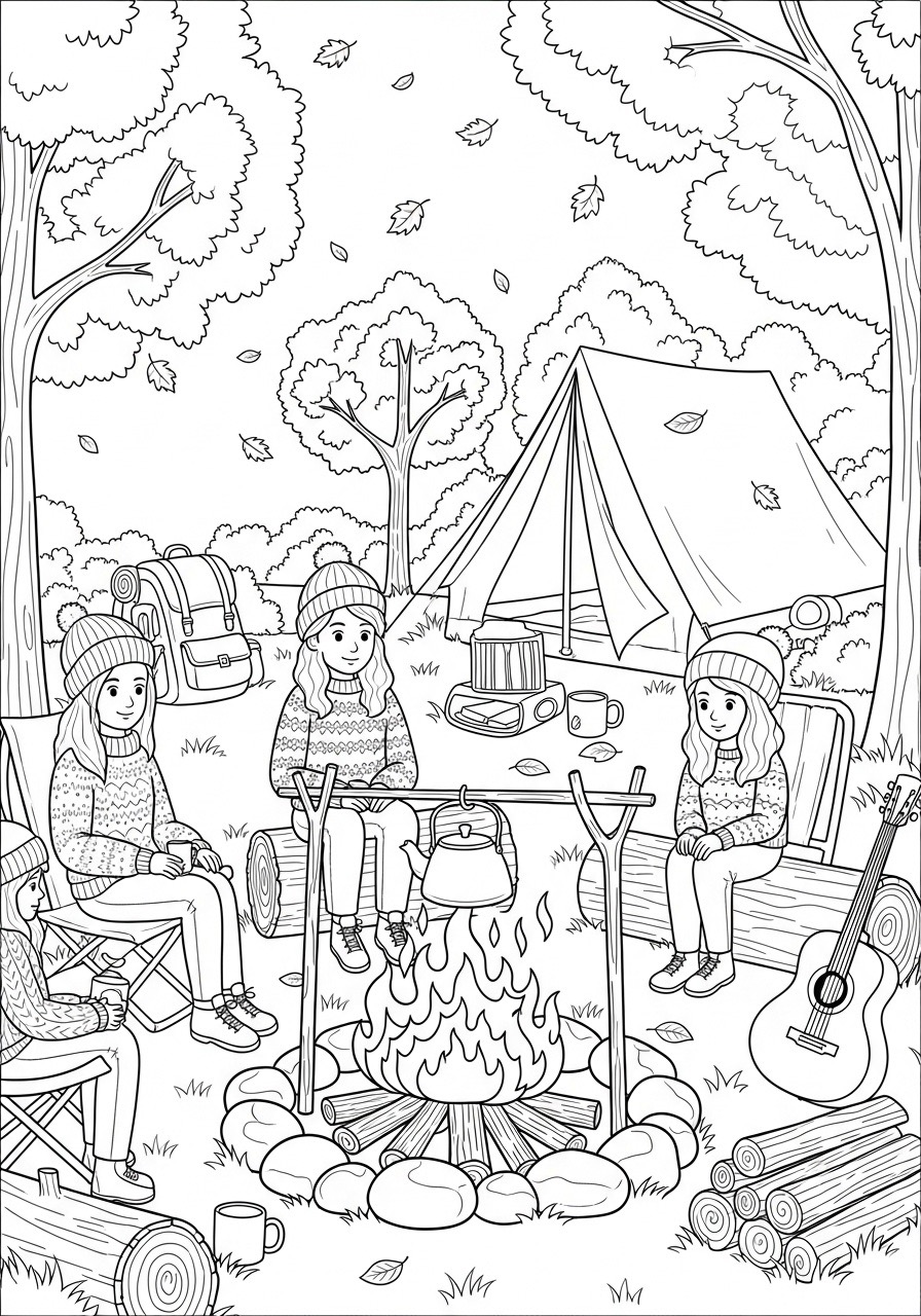 Desenho de Outono com pessoas em volta de uma fogueira para colorir