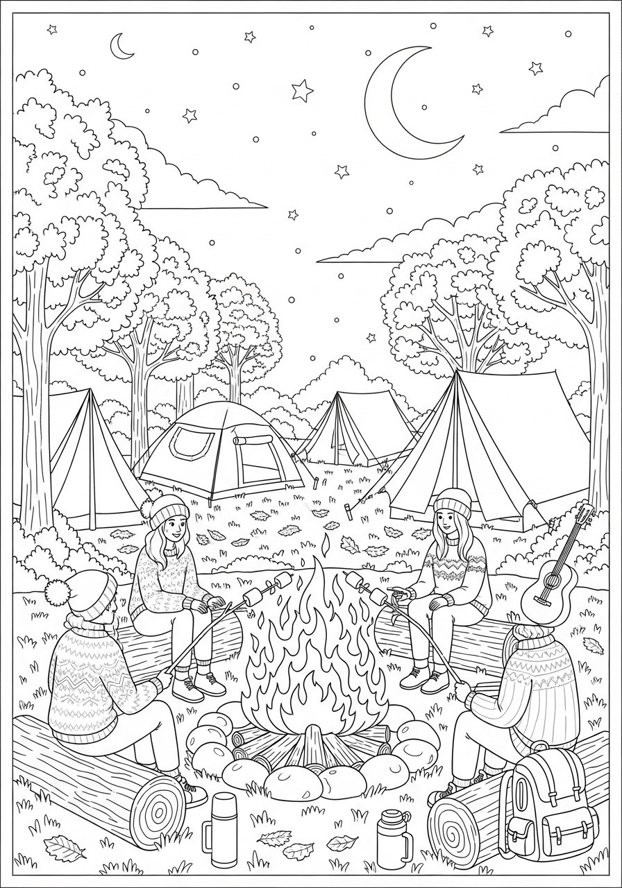 Desenho de Outono com acampamento e fogueira para colorir