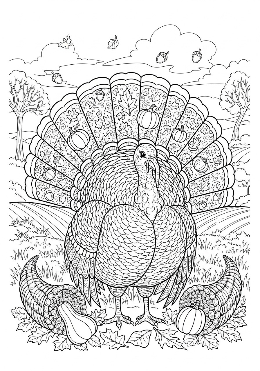 Desenho de Outono com peru em um cenário natural para colorir