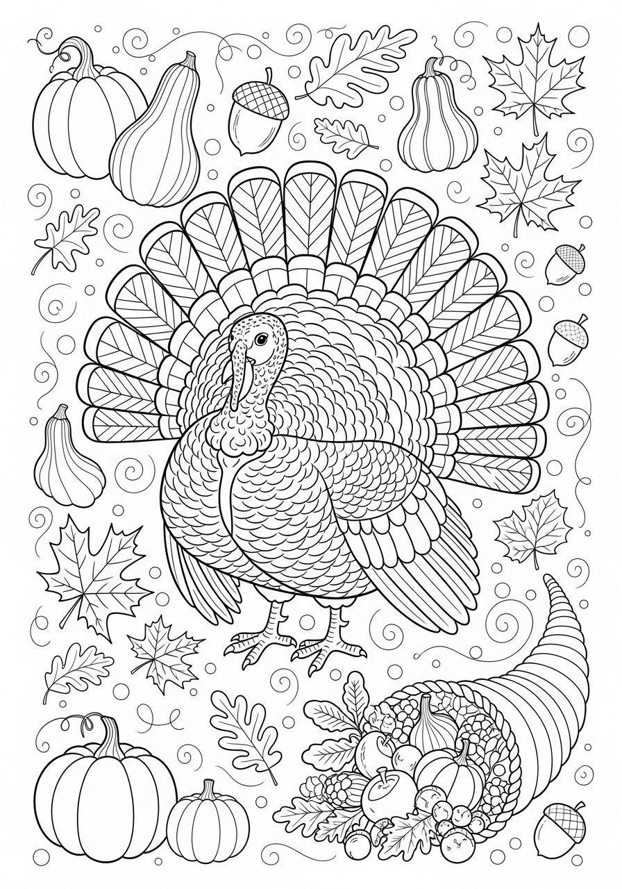 Desenho de Outono com um peru e abóboras para colorir