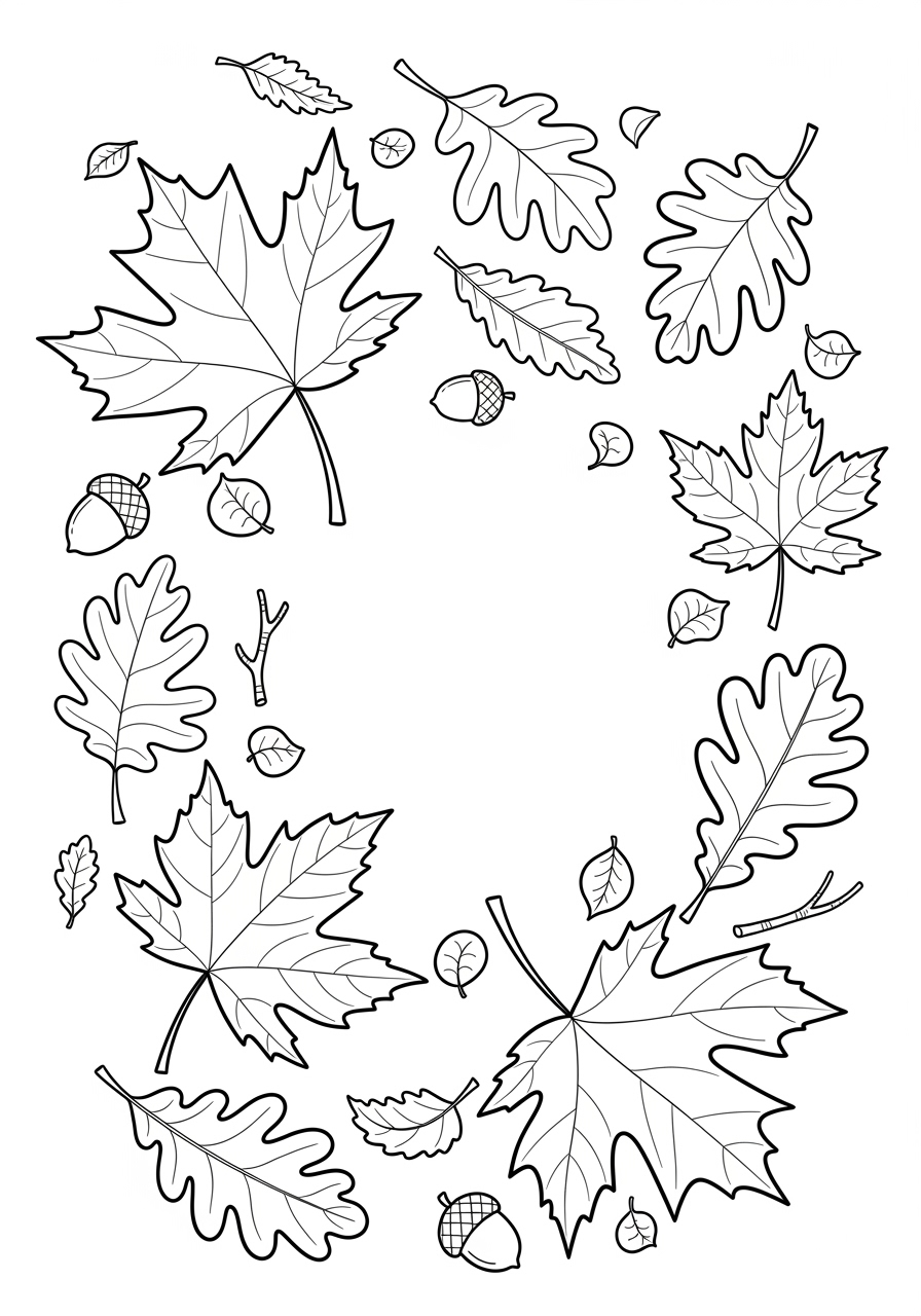 Desenho de Outono com folhas e bolotas espalhadas para colorir