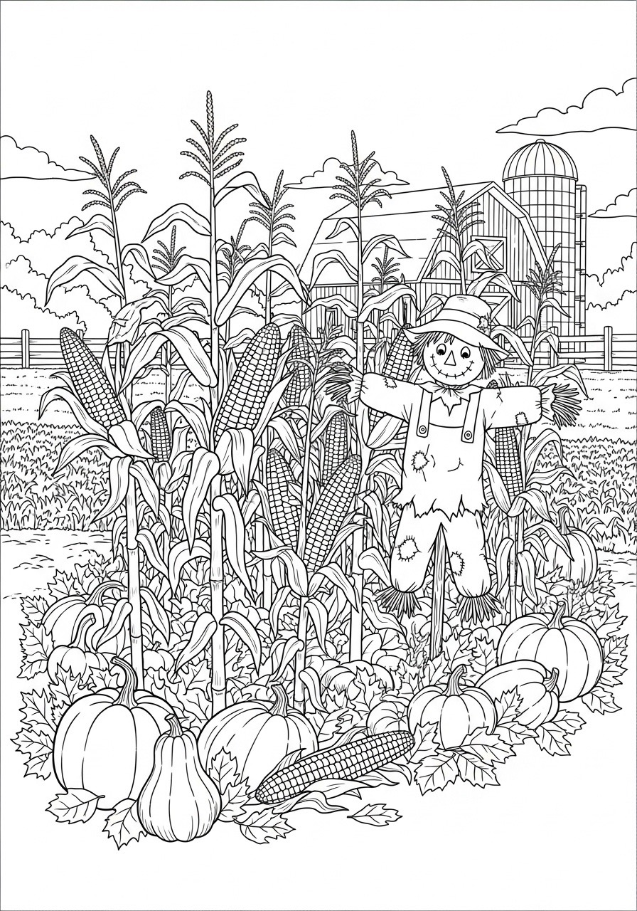 Desenho de Outono com espantalho e abóboras para colorir