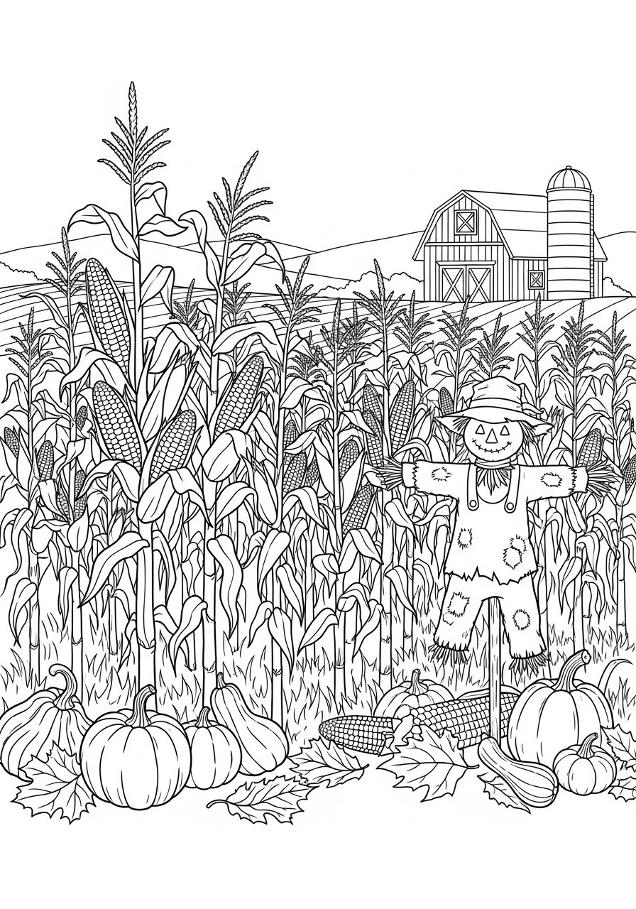 Desenho de Outono com espantalho e milharal para colorir