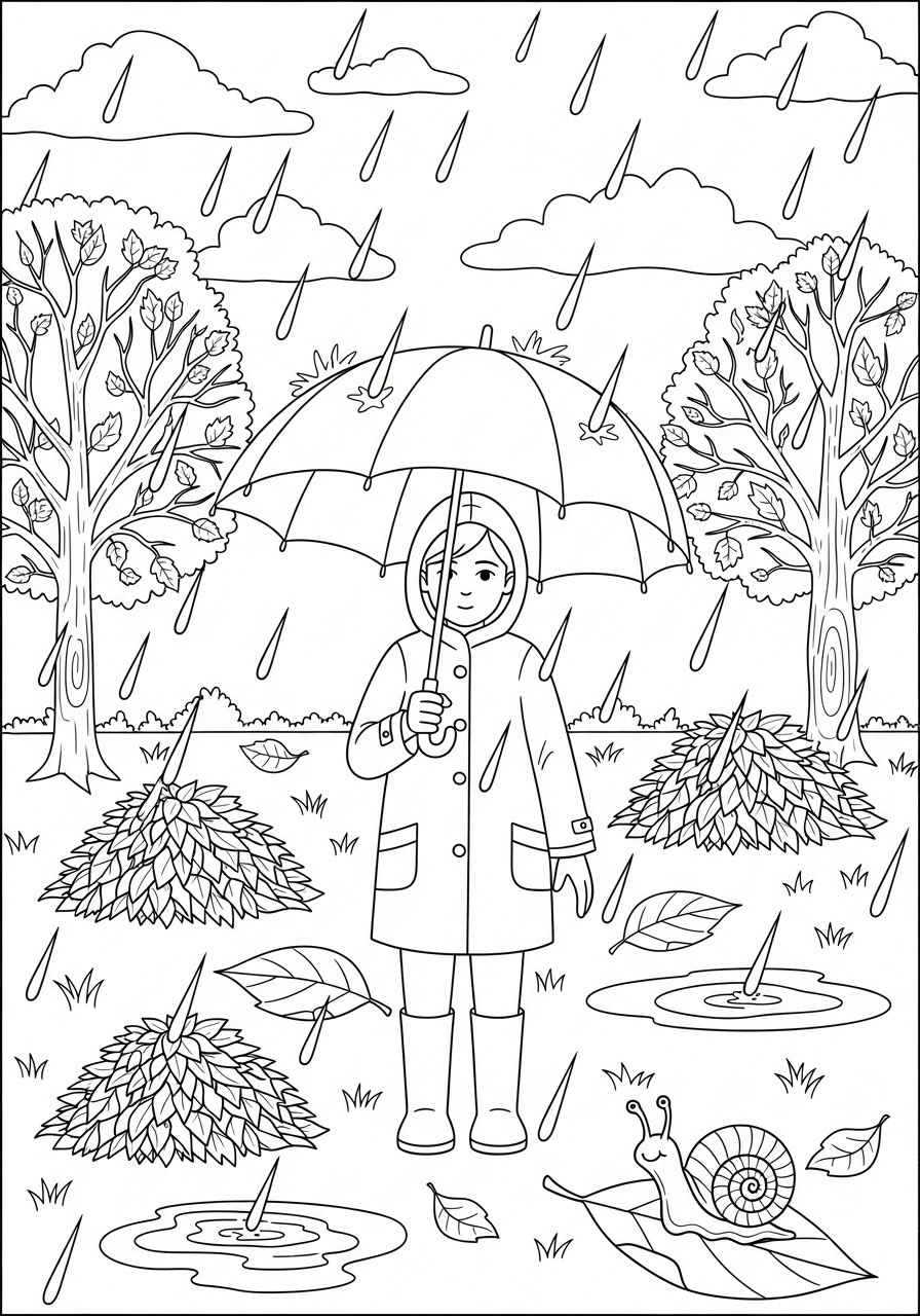 Desenho de Outono com menina de guarda-chuva na chuva