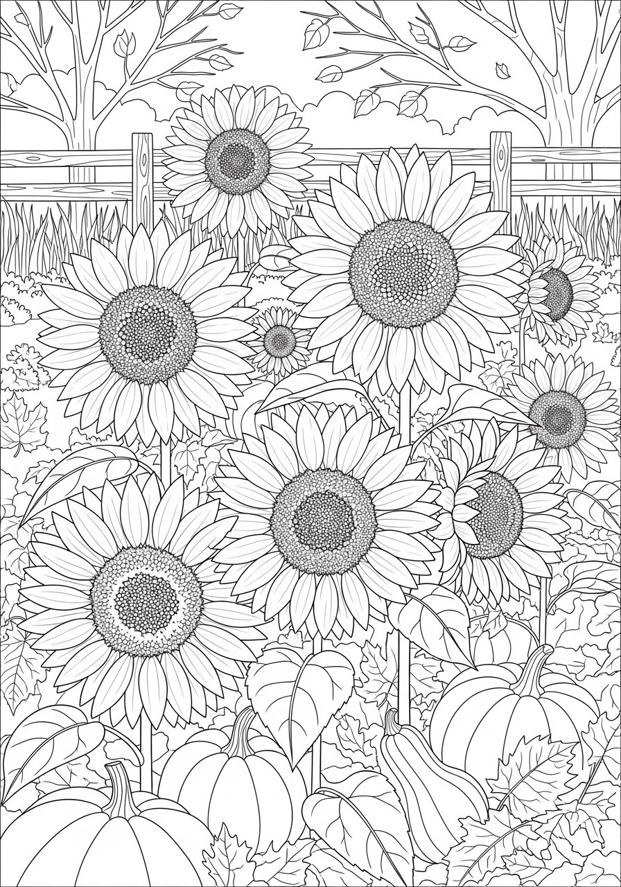 Desenho de Outono com girassóis e abóboras para colorir