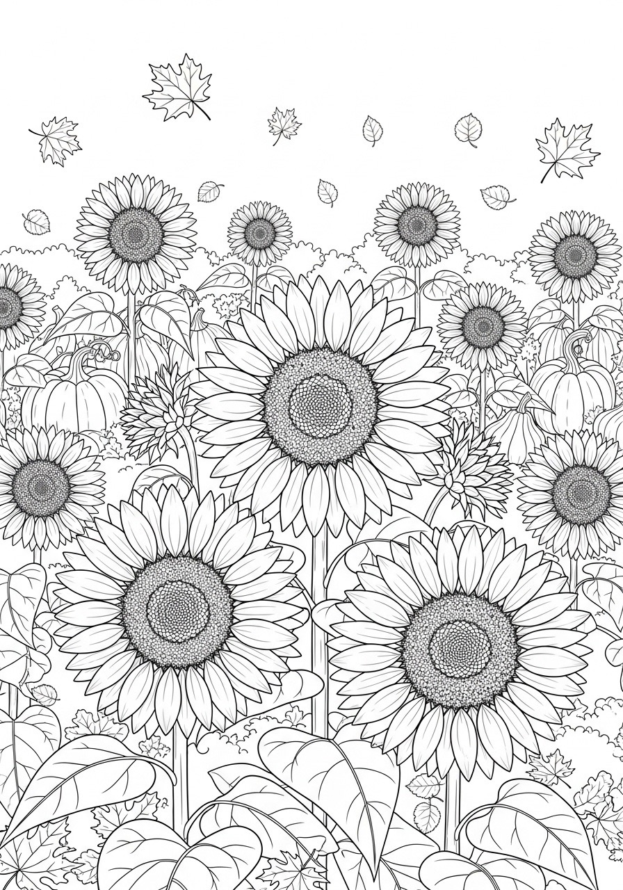 Desenho de Outono com girassóis e folhas caindo para colorir