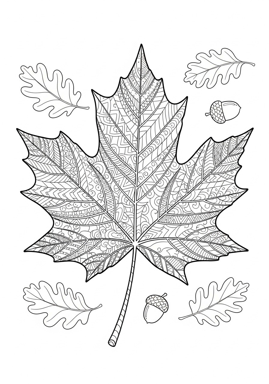 Desenho de folha de carvalho com detalhes para colorir