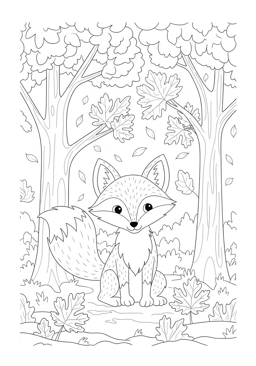 Desenho de Outono com raposa em meio a árvores e folhas