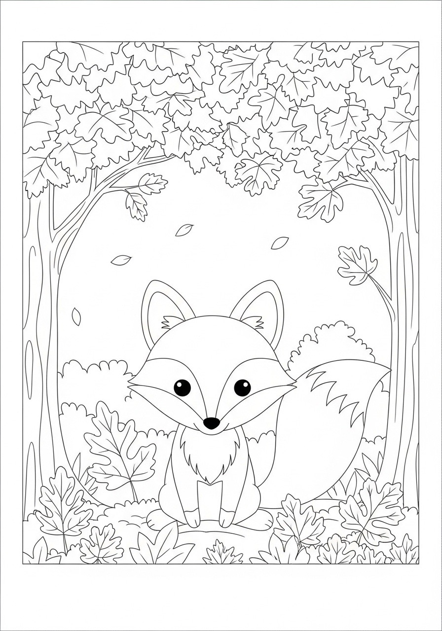 Desenho de Outono com uma raposa entre folhas para colorir