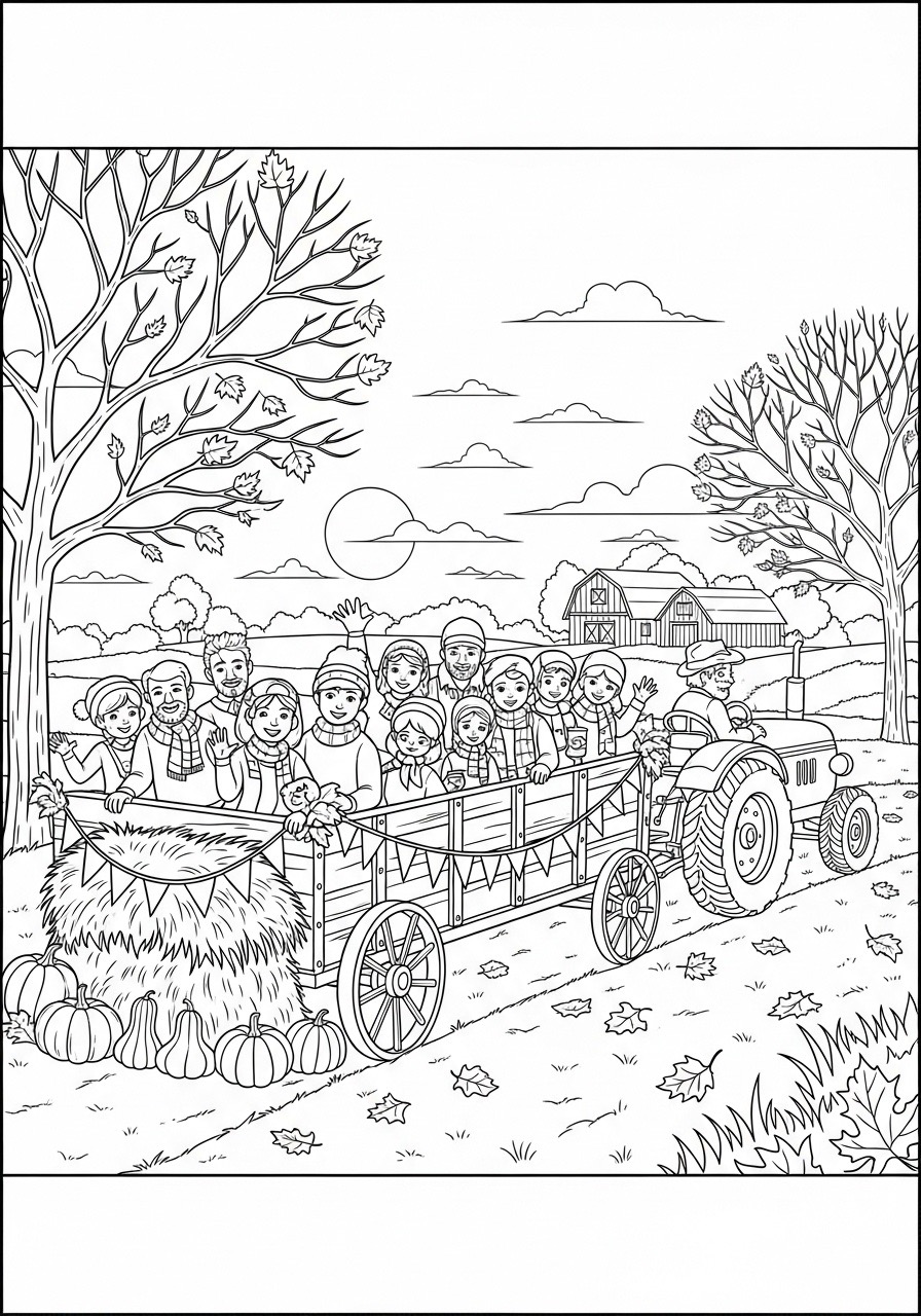 Desenho de Outono com crianças em um trator e abóboras