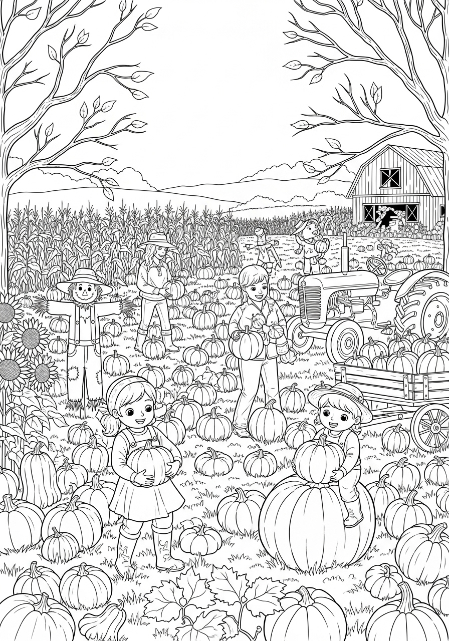 Desenho de Outono com crianças e abóboras para colorir