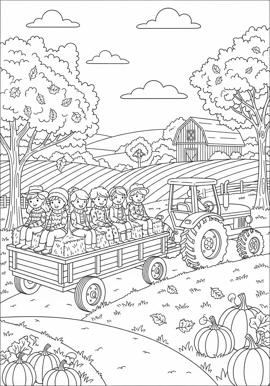 Desenho de Outono com crianças em carroça na fazenda para colorir