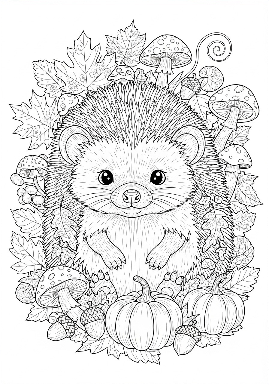 Desenho de ouriço com folhas abóbora e cogumelos para colorir