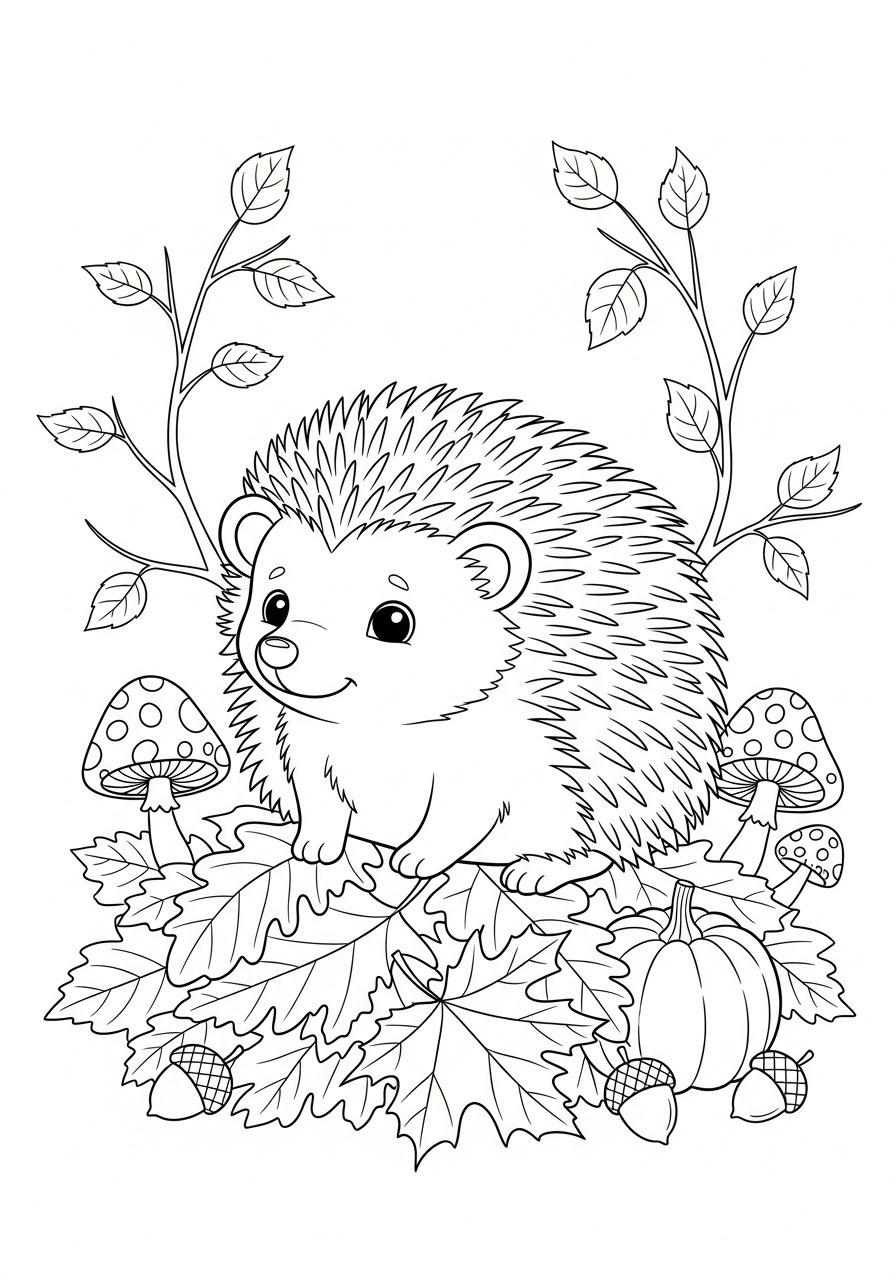 Desenho de Outono com um ouriço em meio a folhas e cogumelos