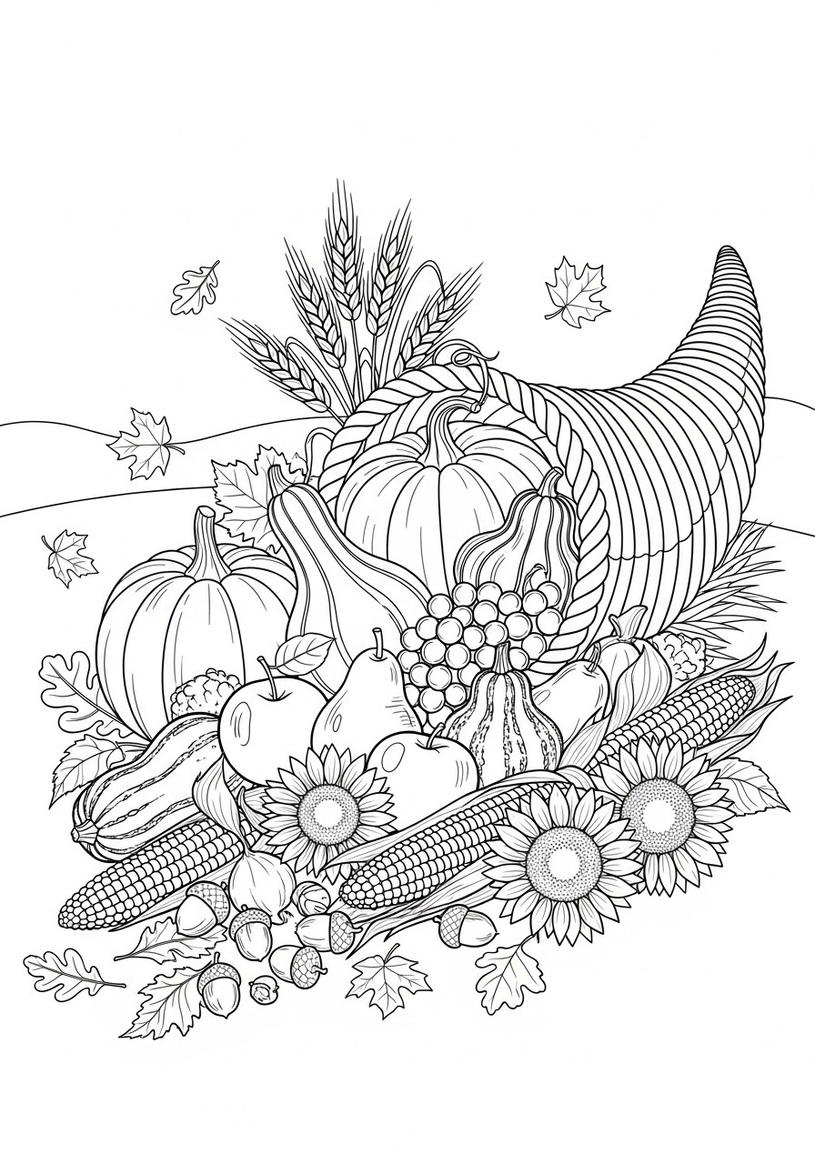 Desenho de Outono com milho abóbora e flores para colorir