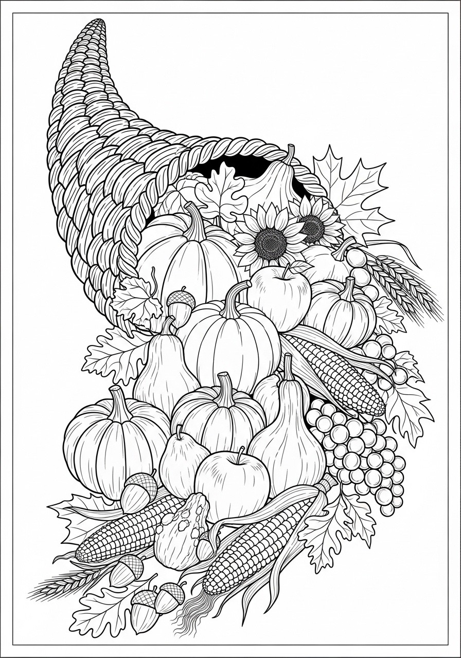 Desenho de Outono com cornucópia cheia de frutos para colorir