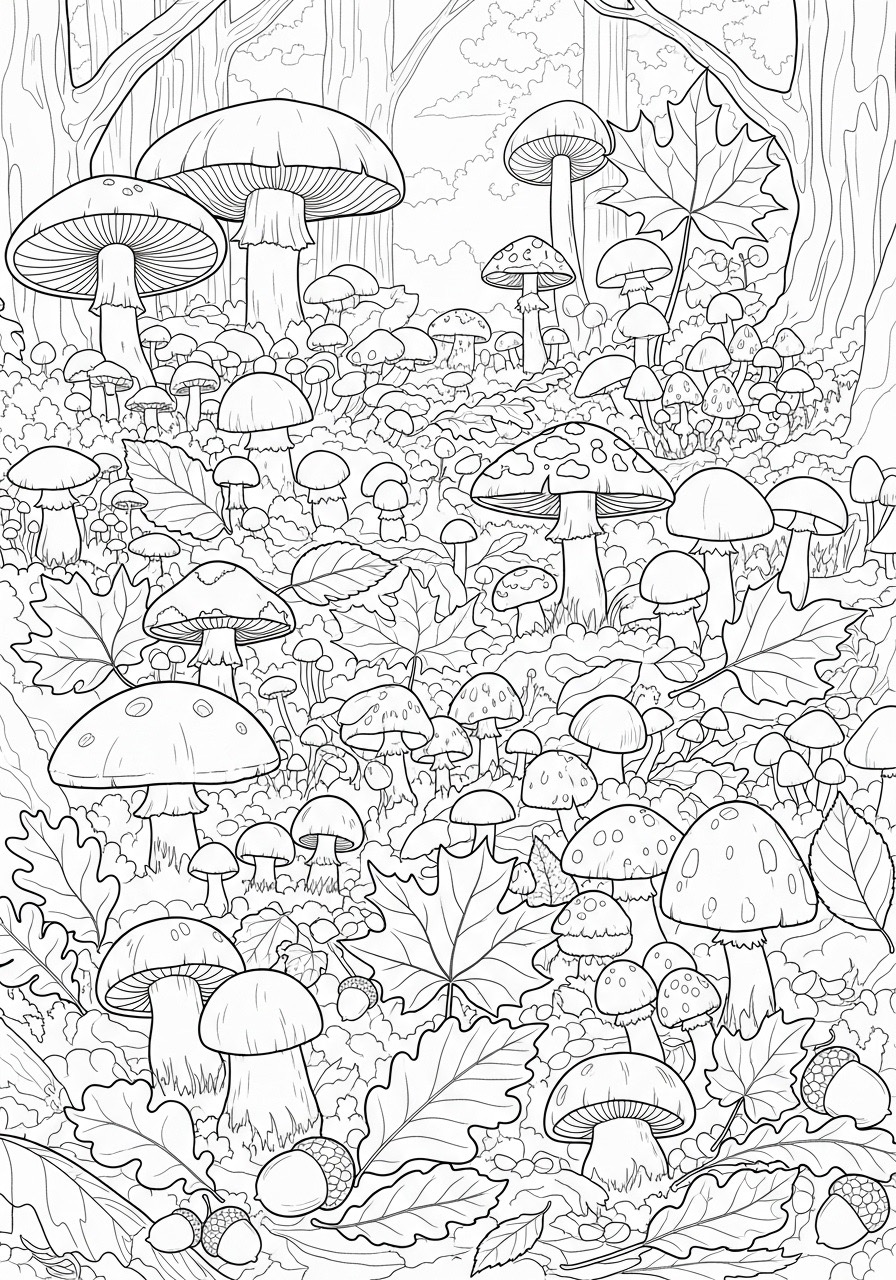 Desenho de Outono com cogumelos e folhas para colorir