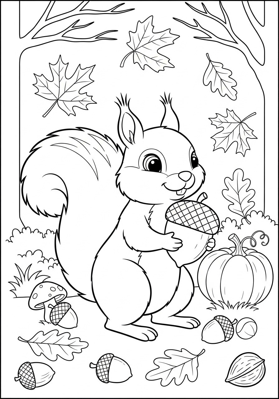 Desenho de um esquilo segurando uma bolota em um cenário de outono