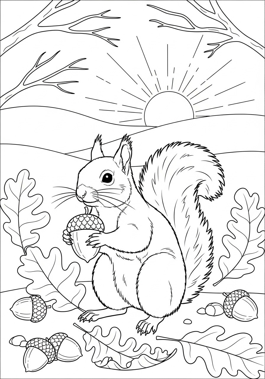 Desenho de Esquilo coletando bolotas no Outono para colorir