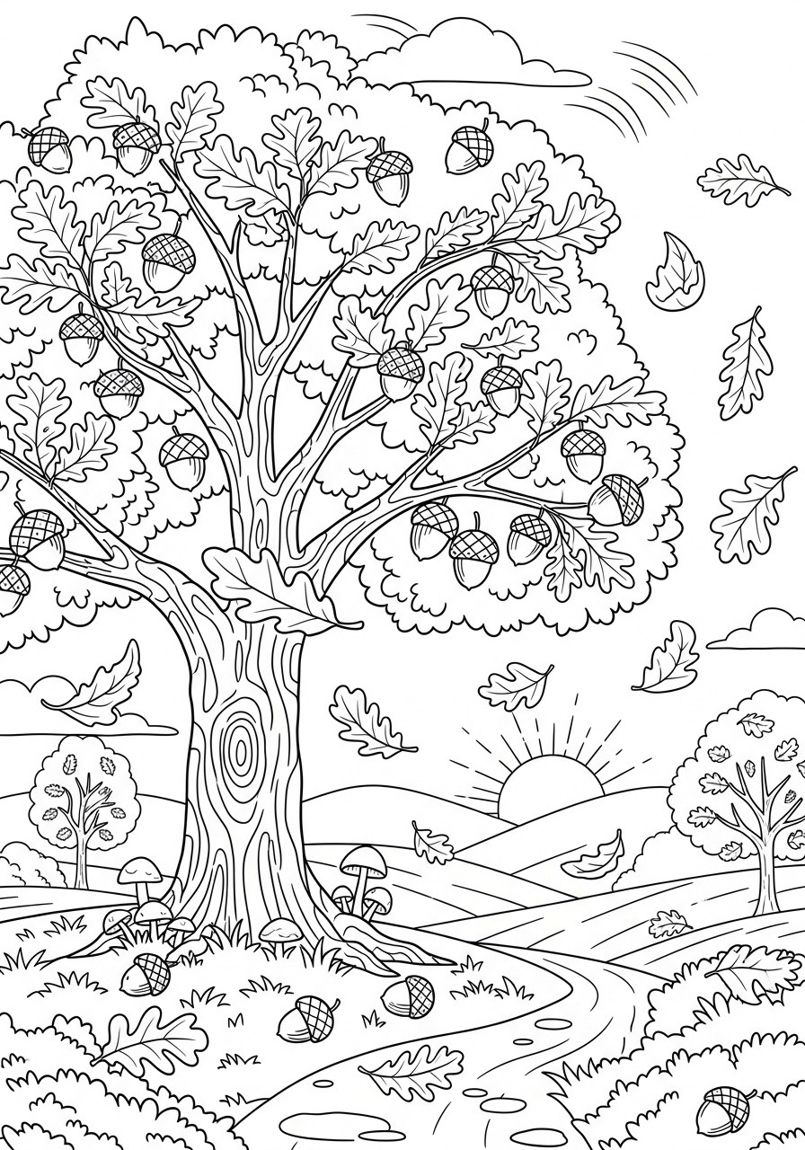 Desenho de Outono com árvore e folhas caindo para colorir