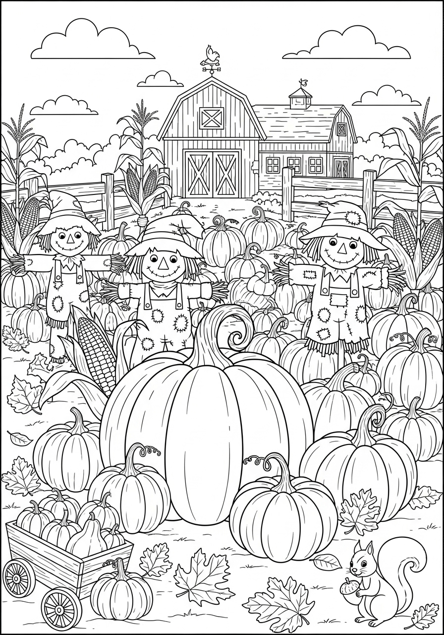 Desenho de Outono com espantalhos e abóboras para colorir