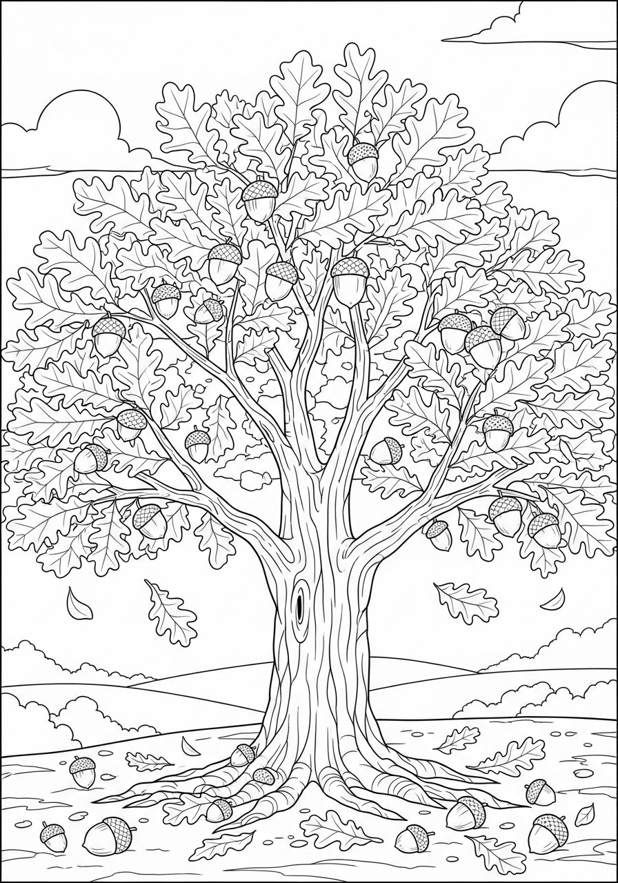 Desenho de Outono com uma árvore e bolotas para colorir