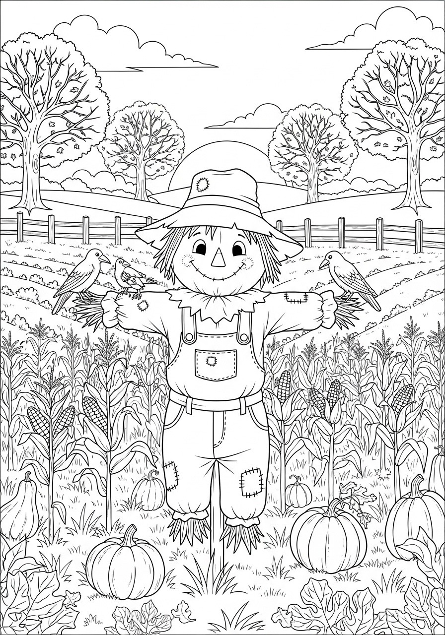 Desenho de Outono com espantalho e corvos no campo