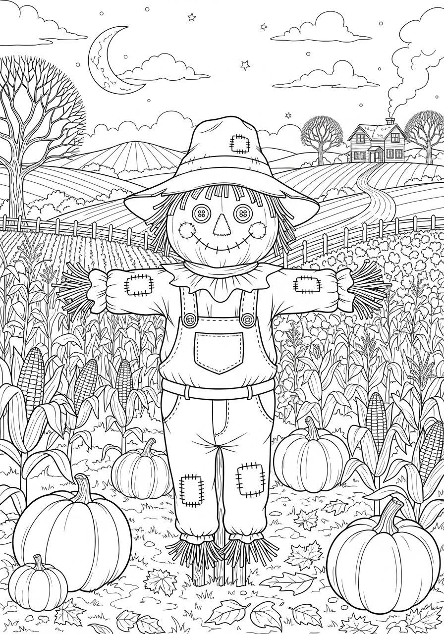 Desenho de Outono com espantalho e abóboras para colorir