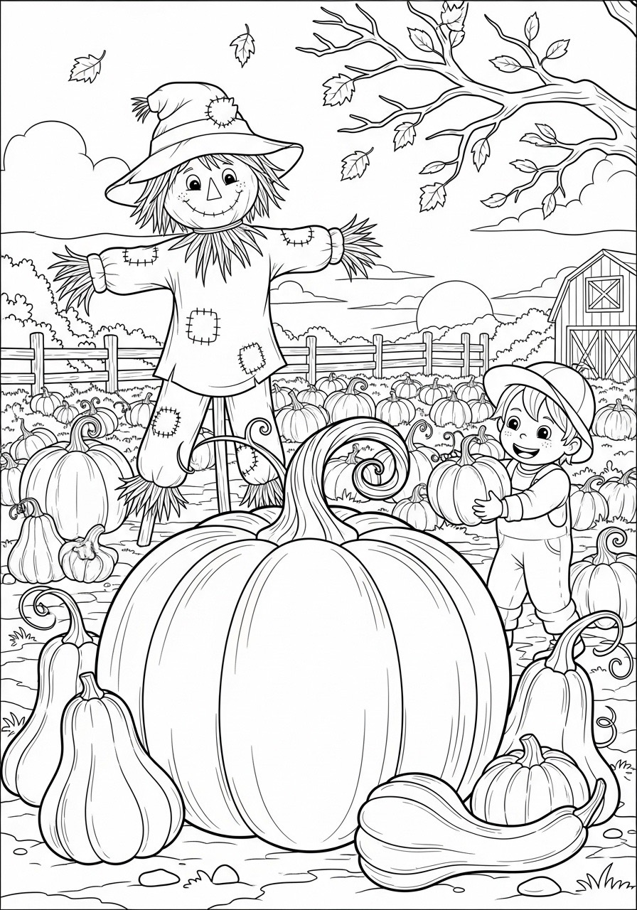 Desenho de Outono com espantalho e criança perto de abóbora