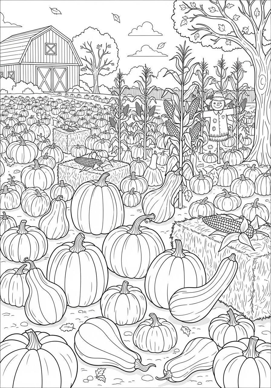 Desenho de Outono com abóboras em campo para colorir