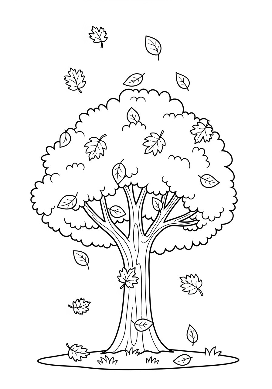 Desenho de Outono com árvore e folhas caindo para colorir