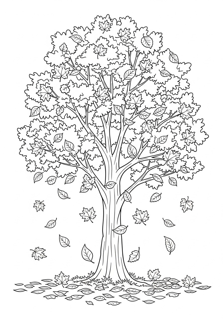 Desenho de uma árvore com folhas caindo para colorir