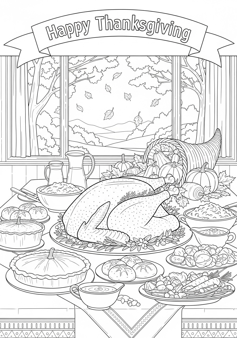 Desenho de Outono com mesa farta para colorir