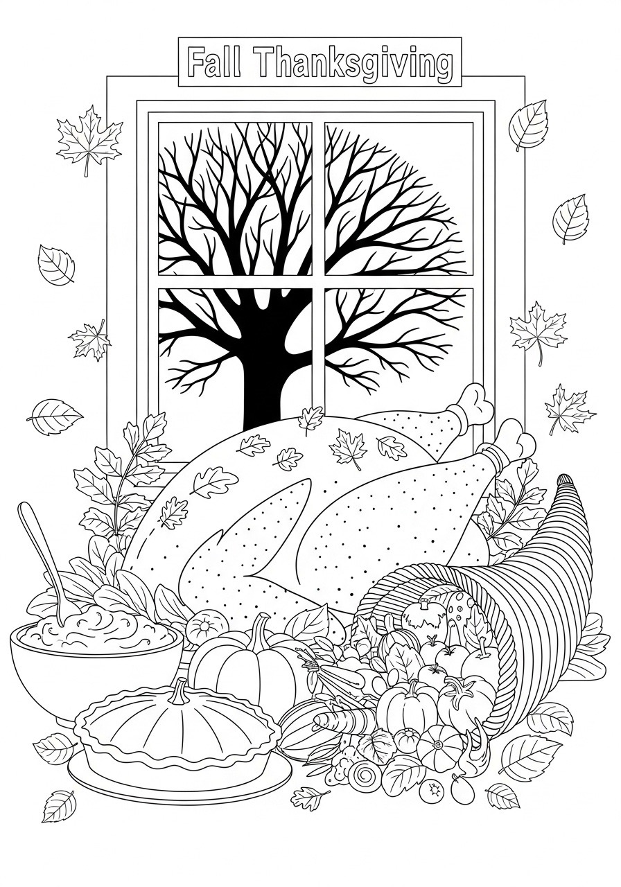 Desenho de Outono com árvore e mesa de Ação de Graças para colorir