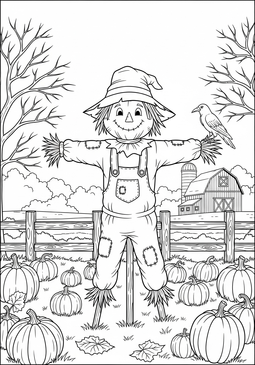 Desenho de Outono com espantalho e abóboras para colorir