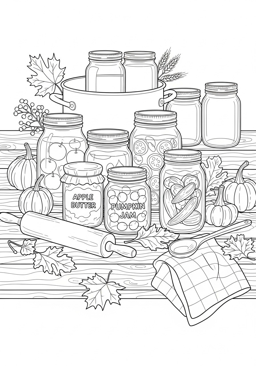 Desenho de Outono com frascos de conserva para colorir