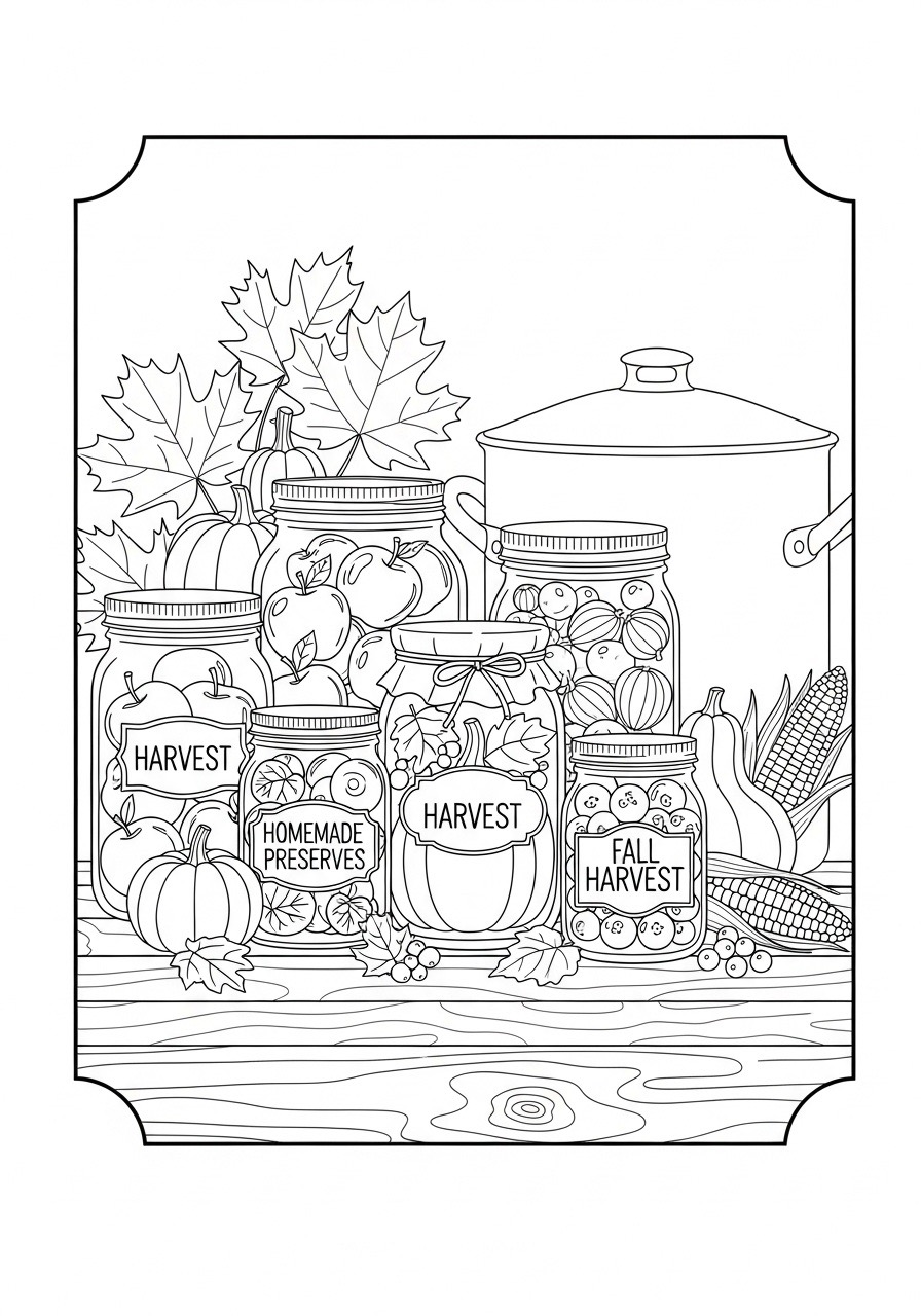 Desenho de Outono com potes de conserva e vegetais para colorir