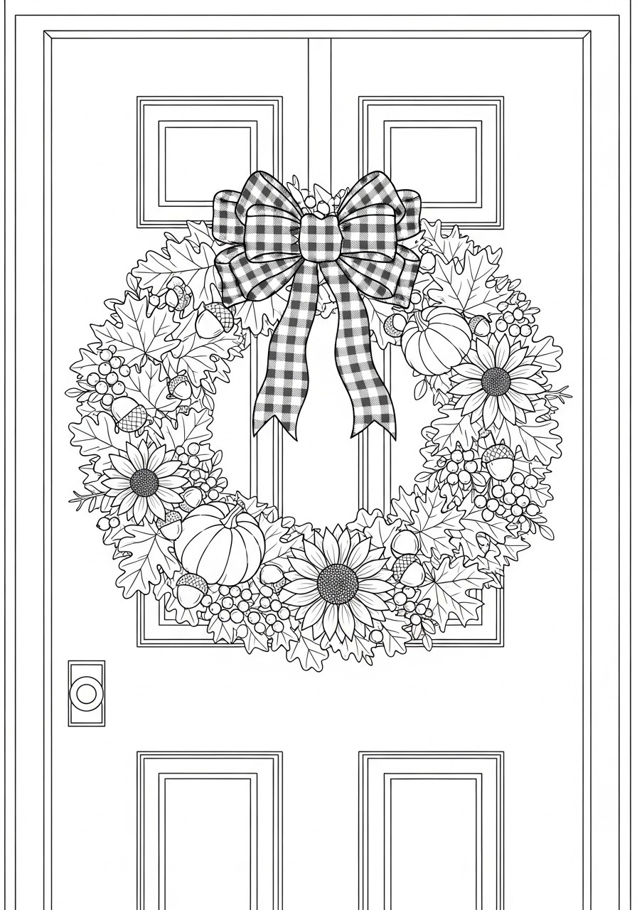 Desenho de Outono com guirlanda e laço na porta para colorir