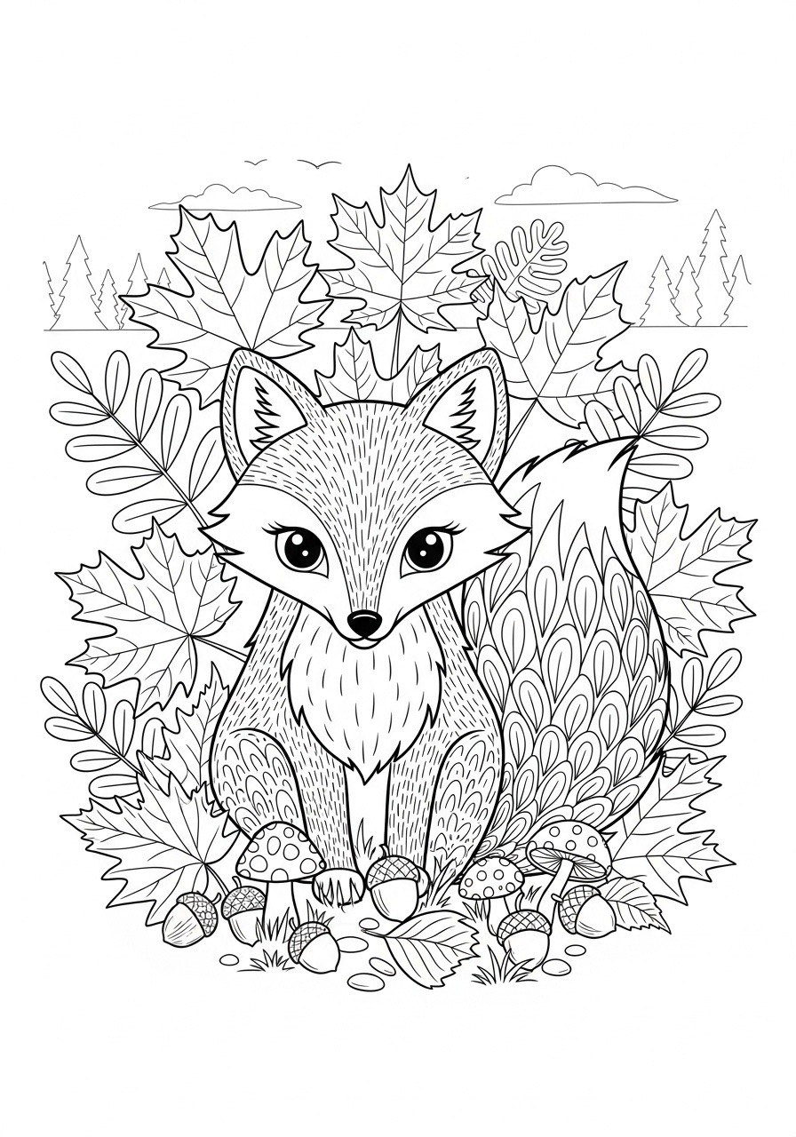 Desenho de um raposo entre folhas e cogumelos para colorir