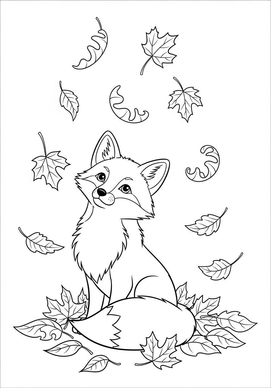 Desenho de Outono com raposa entre folhas caidas para colorir