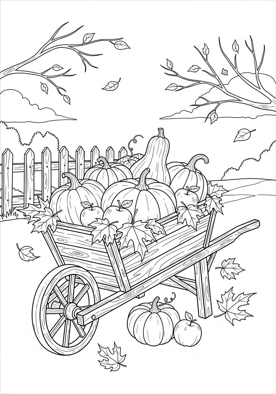 Desenho de Outono com carroça cheia de abóboras para colorir
